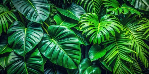 Experience stunning high-definition visuals of lush tropical forest leaves, creating a refreshing backdrop for your website and desktop, evoking the tranquility of nature.