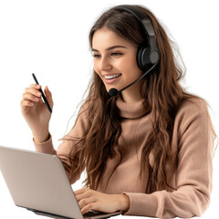 Smiling Young Woman Using Laptop with Headset and Notepad.