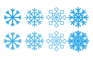 Winter blue snowflakes, with and without an outline, on a white background.
