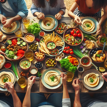 draufsicht auf einen reich gedeckten tisch mit viel mediterranem essen und menschen drumherum