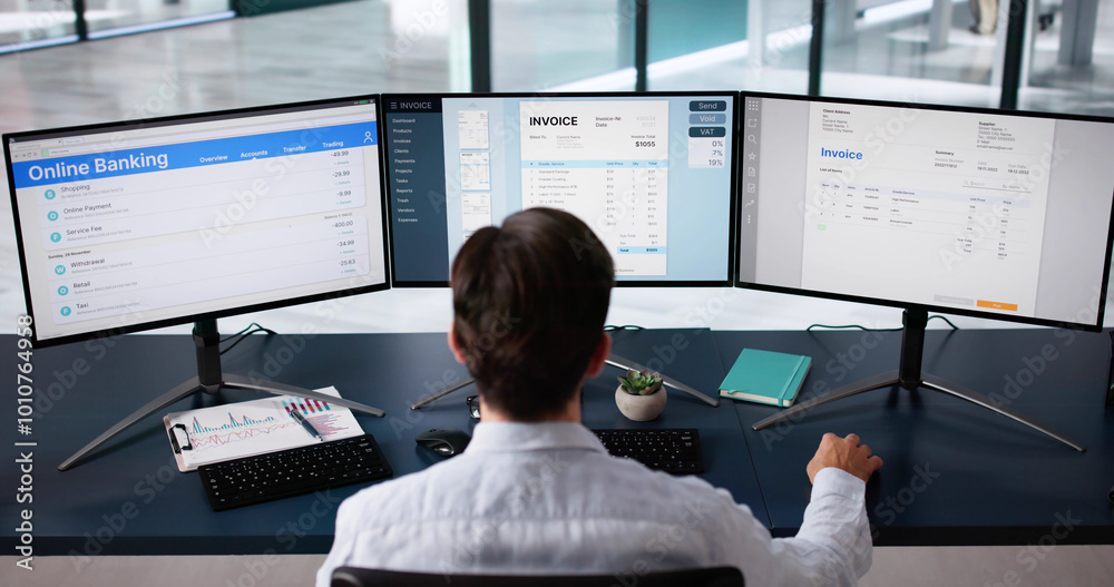 Poster accountant using finance e invoice software