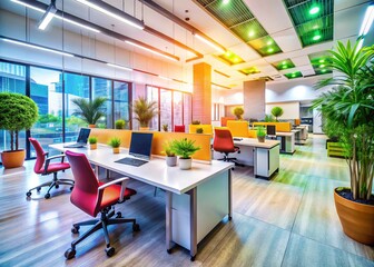 Fototapeta premium In a bright office, dynamic movement and modern aesthetics converge, crafting a stimulating business environment that promotes innovation, teamwork, and productivity among employees.