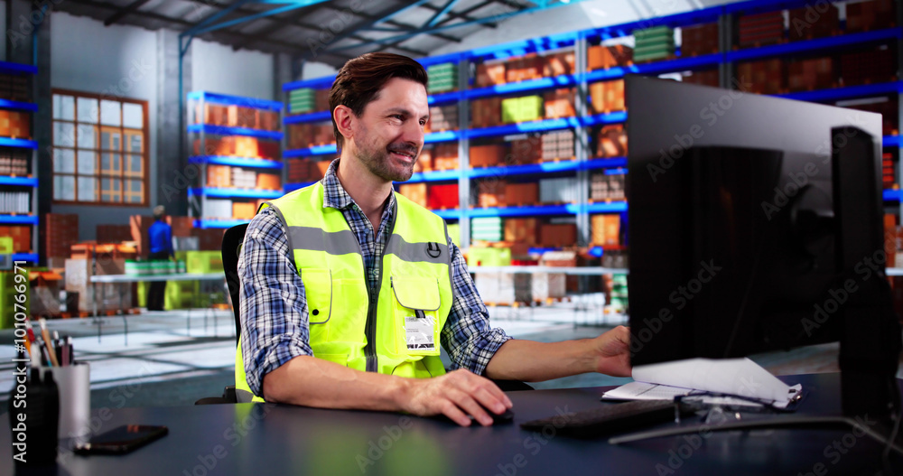 Poster Warehouse Worker And Manager Checking Inventory