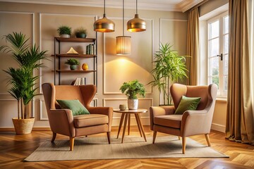 In a serene beige room, two fashionable armchairs exude style, enhancing the cozy, inviting ambiance ideal for intimate conversations and comfortable relaxation experiences.