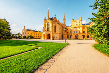 Lednice Chateau with beautiful gardens and parks. Lednice Valtice Landscape, South Moravian region. UNESCO World Heritage Site.