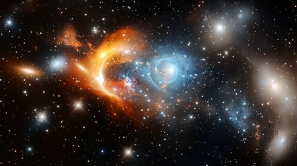 Galaxy in space with stars and colorful nebulae, set against a dark, star-filled sky. 