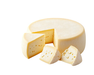 Cheese wheel with cut portions on white isolated background.
