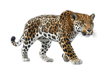 Jaguar walking gracefully on a white isolated background.