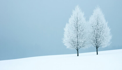 Fototapeta premium Frost covered trees stand gracefully in serene winter landscape, surrounded by soft, white snow. tranquil atmosphere evokes sense of calm and beauty in cold climate