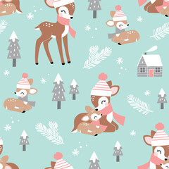 Seamless vector pattern with cute deer family and snowy woods. Hand drawn Christmas fawn and snowy woods. Perfect for textile, wallpaper or nursery print design. EPS10 vector file.