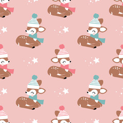 Seamless vector pattern with young cute deer and stars. Hand drawn winter fawn. Perfect for textile, wallpaper or nursery print design. EPS10 vector file.