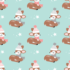 Seamless vector pattern with young cute deer and stars. Hand drawn winter fawn. Perfect for textile, wallpaper or nursery print design. EPS10 vector file.