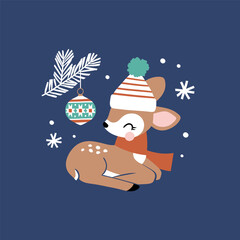 Cute young deer with Christmas ornament. Hand drawn vector illustration. Perfect for tee-shirt logo, greeting card, sticker, clip art or nursery decor. EPS10 vector file.