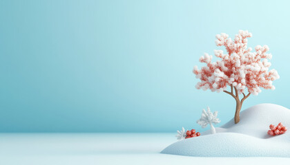 serene winter landscape featuring stylized tree with pink foliage and snow covered ground, creating peaceful and tranquil atmosphere
