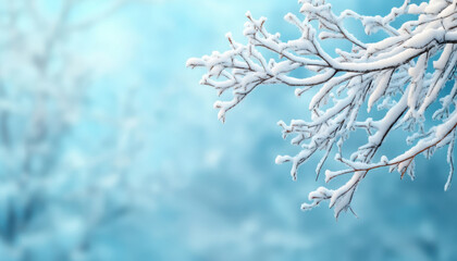 Snow covered branches create serene winter scene, evoking sense of calm and tranquility. soft blue background enhances beauty of frosty landscape, perfect for seasonal themes