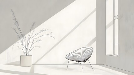 Minimalist interior with a wire chair and potted plant in soft natural light.