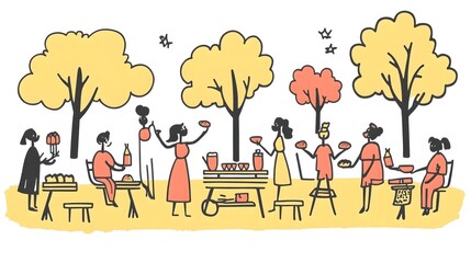 Naklejka premium Colorful autumn picnic scene with diverse women enjoying food outdoors.