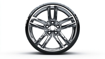 Obraz premium A close-up photo of a shiny, modern car wheel against a plain white background.