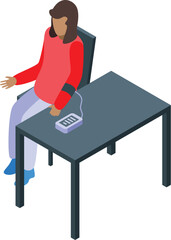 Isometric vector illustration of a woman measuring her blood pressure while sitting