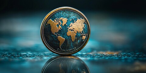Global Currency Concept - Rotating Coin with World Map Engraving on Reflective Surface in Studio Lighting