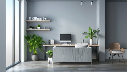 Modern stylish home office interior with comfortable sofa and ergonomic workspace. Bright and organized design featuring a cozy seating area and practical desk setup, perfect for productivity