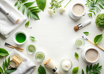 serene beauty corner featuring natural skincare products, green leaves, and calming elements creates refreshing atmosphere. This overhead view captures essence of tranquility and wellness