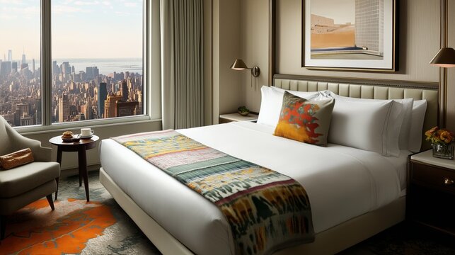 The bright hotel room has a king bed, city views, cozy armchair, and warm decor for a serene retreat.