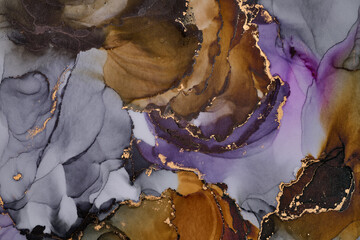 Obraz premium Soft waves of translucent color meet shimmering gold accents in abstract art, fluid shapes create a dynamic landscape. The liquid ink technique create depth and movement, both spontaneous and refined