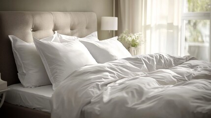 A comfortable bed with a soft duvet and pillows.