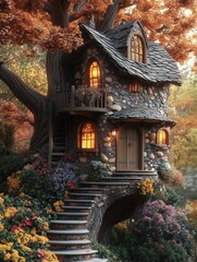 Fototapeta premium Magical treehouse in forest with flowers, fantasy concept art