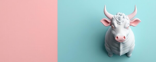 Obraz premium A cute ceramic cow figurine against a pastel colored background, perfect for farm-themed decor or creative projects.