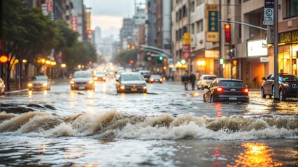 Obraz premium City Street Flooding with Extreme Weather and Property Damage Concerns