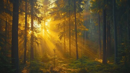 Sunlight Streaming Through Lush Forest Trees