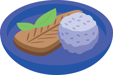 This isometric icon features a delicious grilled fish fillet served with rice and basil on a plate, representing a healthy and flavorful meal