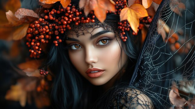 Halloween fairy latino brunnete woman with black web wings and autumn leaves on  dark blurred background.