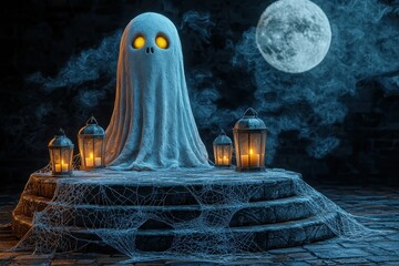 A spooky ghost with glowing eyes, surrounded by lanterns and cobwebs under a full moon, creating an eerie Halloween atmosphere