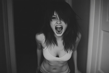 A woman expresses raw emotion while standing in a dimly lit hallway at night