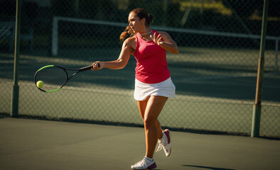 Woman playing tennis, hitting ball on court during a sunny day © Jacob Lund
