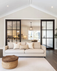 A cozy living room featuring a stylish sofa and modern design elements in a bright, airy space
