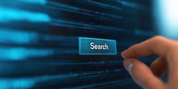 Search button being pressed on transparent virtual screen, symbolizing online exploration and digital interaction. image conveys sense of curiosity and engagement in digital world