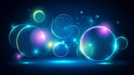 Obraz premium Abstract glowing neon spheres on blue background. Futuristic, magical, energy, modern art, concept, design, digital art, graphic design, background, texture.