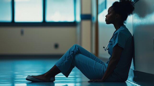 A photograph of an African American nurse sitting on the floor in blue scrubs, wearing gloves and a mask, crying with her head down as she sits against a wall at a hospital entrance while other nurses - Powered by Adobe