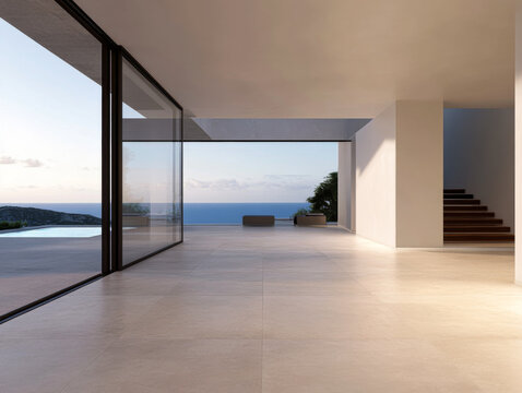Modern minimalist interior design with stunning ocean view during sunset in an open space
