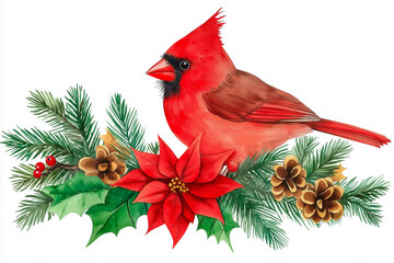 Red bird Cardinal on the elder branch with cones, Symbol of Christmas Watercolor illustration isolated on white background
