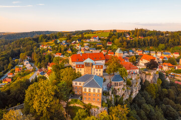 Village Hohnstein with Hohnstein castle and medieval half-timbered houses. Medieval building in Saxon Switzerland