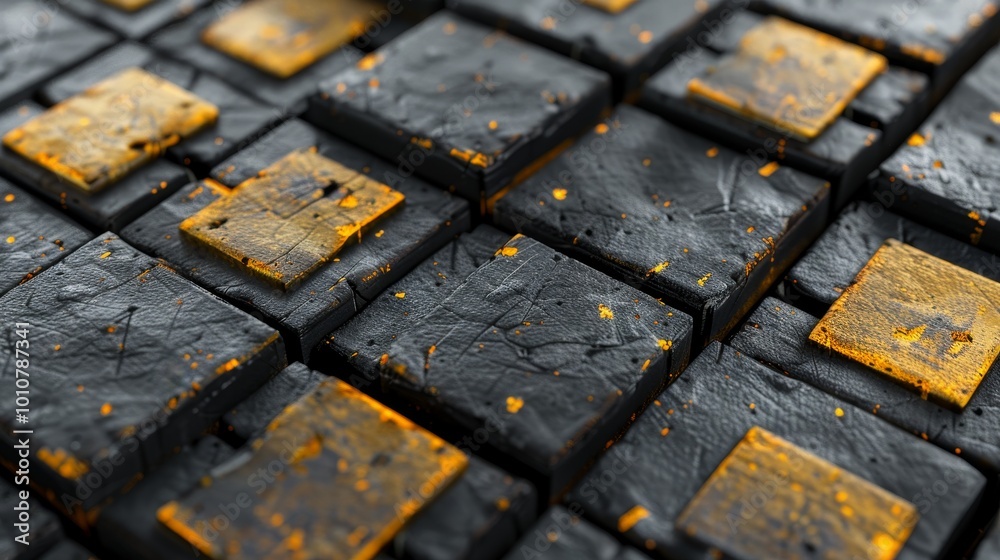 Poster abstract pattern of black and gold cubes.
