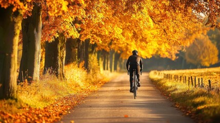 Fototapeta premium A serene autumn scene with a cyclist riding through a pathway lined with vibrant orange and yellow leaves.