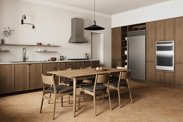 A modern kitchen designed with natural wood and featuring sleek, stylish appliances
