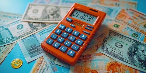 Close-up of Modern Financial Calculator with Banknotes Displaying Investment Returns on Vibrant Blue Background