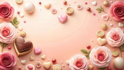 Heart-Shaped Chocolates and Pink Roses on Valentine’s Background